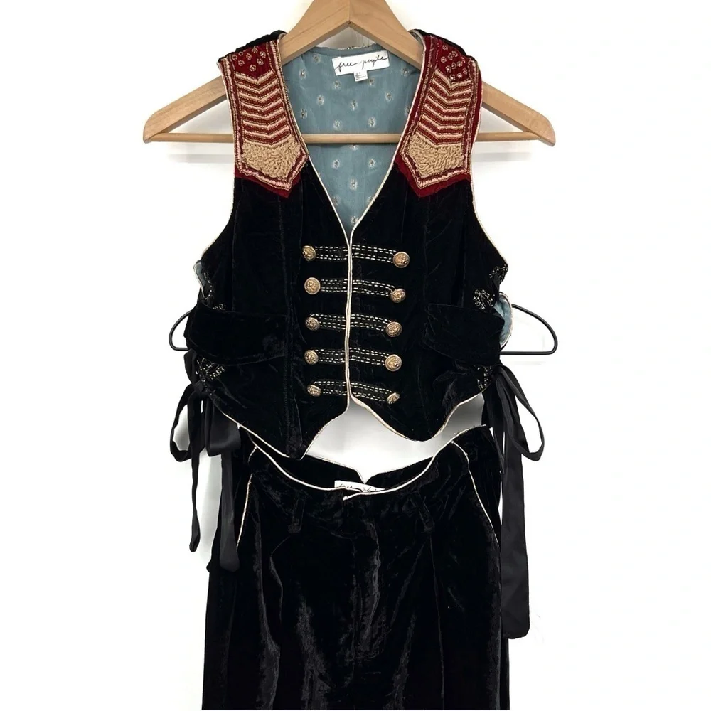 Free People Sign of the Times Button Vest Western Embroidered Velvet Suit Set 0